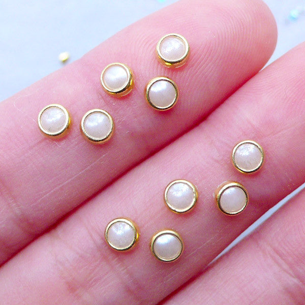 CLEARANCE Tiny Round Pearl Gems with Gold Accent Rims, Nail Charms, MiniatureSweet, Kawaii Resin Crafts, Decoden Cabochons Supplies